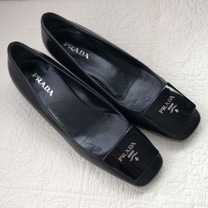PRADA black leather resin logo square toe 38 EUC